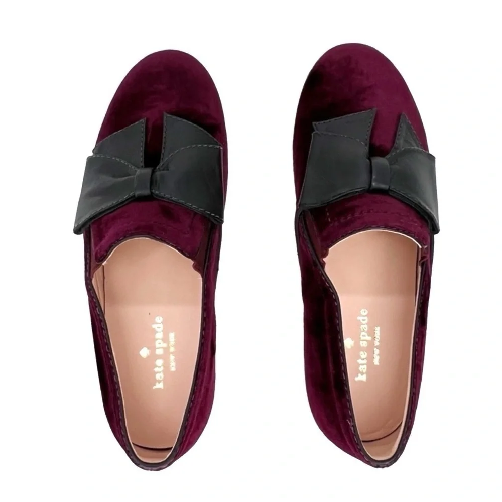 Kate Spade Sneakers Delise Velvet Size 7.5 Wine w/Black Faux Leather Bow New